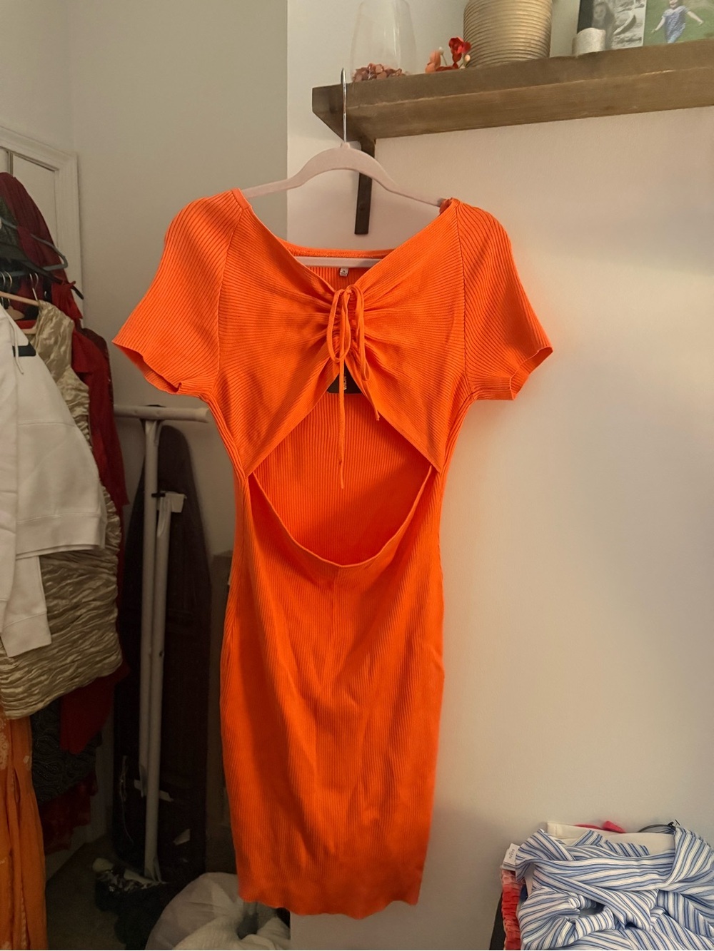 Women's Orange Cutout Tie-Front Ribbed Dress